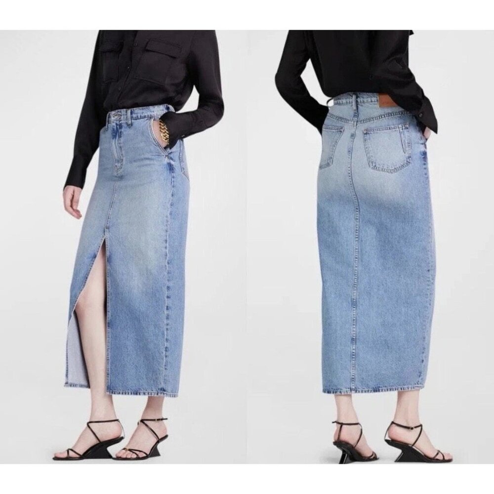 Derek Lam 10 Crosby High Waist Maxi Denim Skirt W Thigh-High Slit Size 27